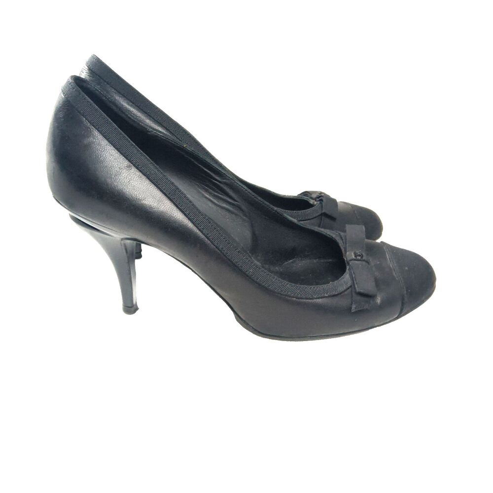 Chanel Black Leather~Satin Cap Toe CC Bows Pumps Sz 35.5 Shoes Sculptural Heels